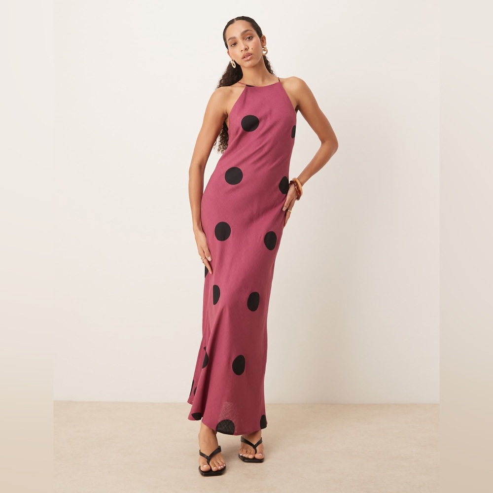 ASOS DESIGN linen blend racer neck maxi sundress in purple polka dot 10